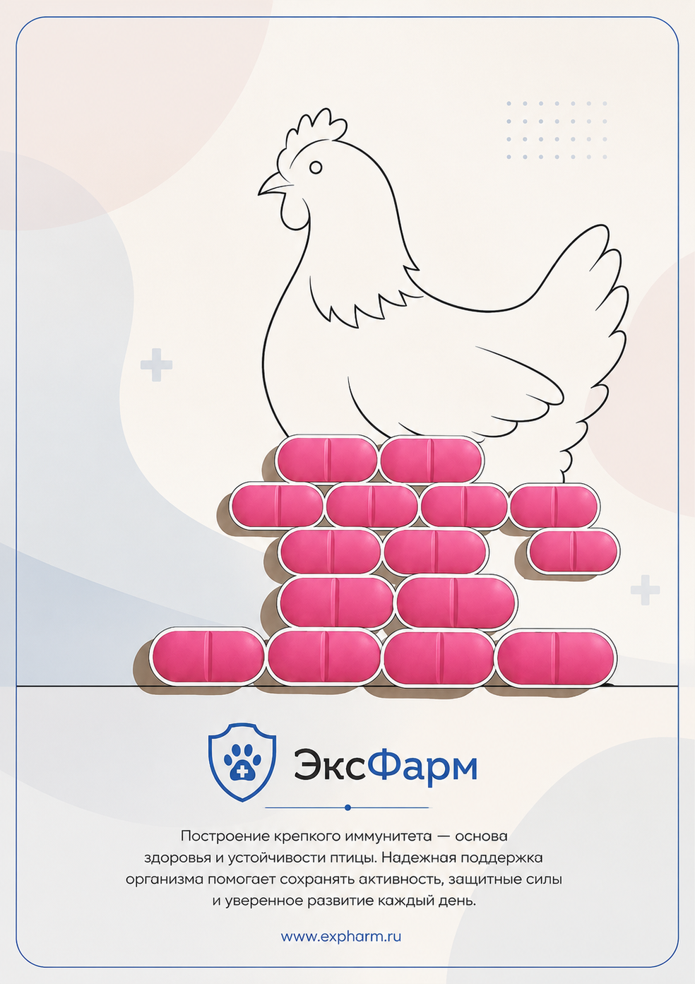Графическая работа для ветеринарного бренда ЭкcФарм с силуэтом курицы и стеной из таблеток