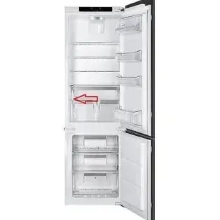 Фото расположение таблички с моделью встроенного холодильника. Где искать модель встроенного холодильника. Расположение таблички или шильника с указанием модели, серийного и продуктового номера встроенного холодильника. Шильдик с данными холодильника внутри камеры