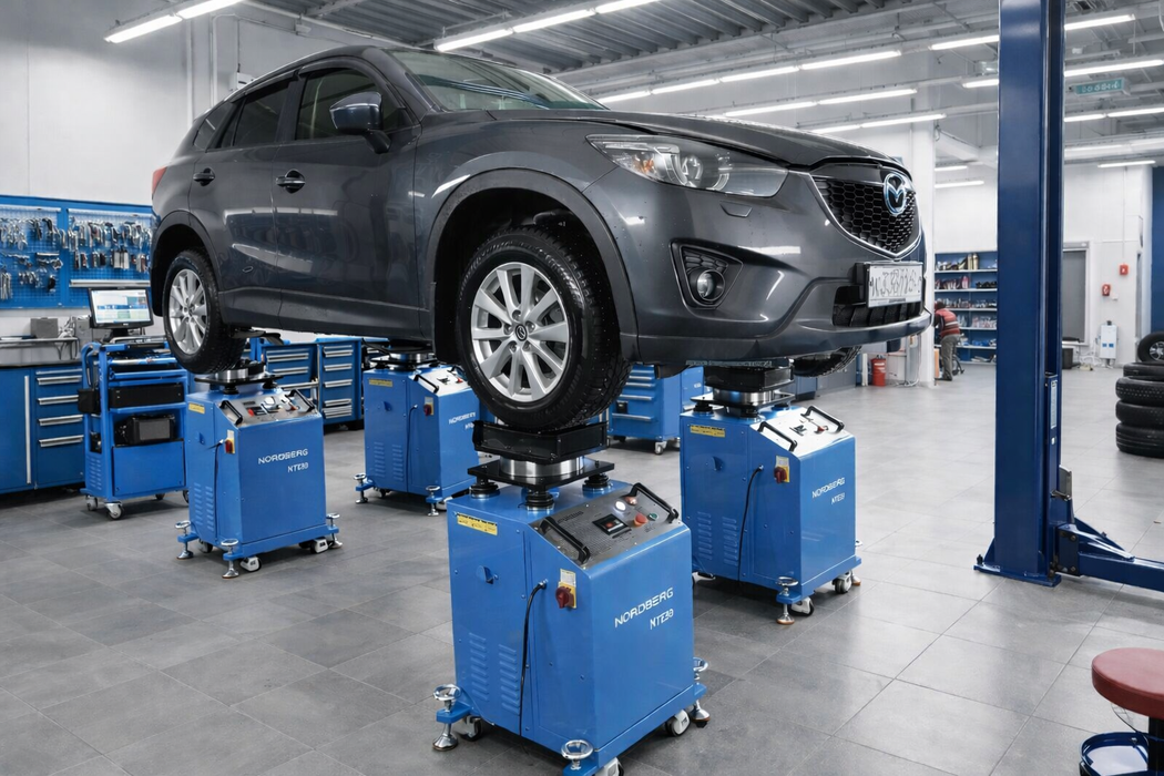 Красный спортивный автомобиль на профессиональном вибростенде подвески