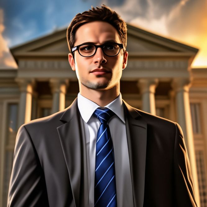 уверенный в себе человек стоит на фоне здания суда